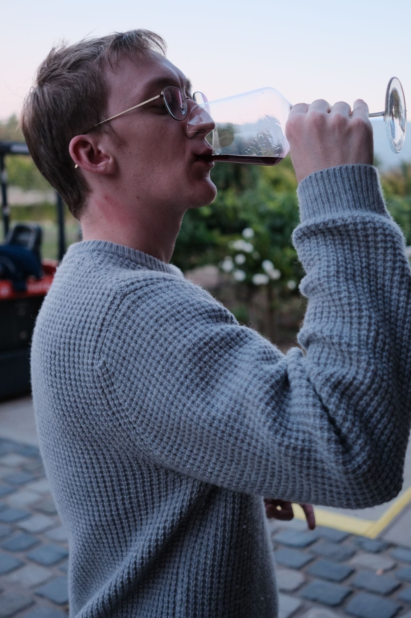 Young man in glasses and a gray knit sweater drinking red wine from a large glass, vineyard behind him at dusk.